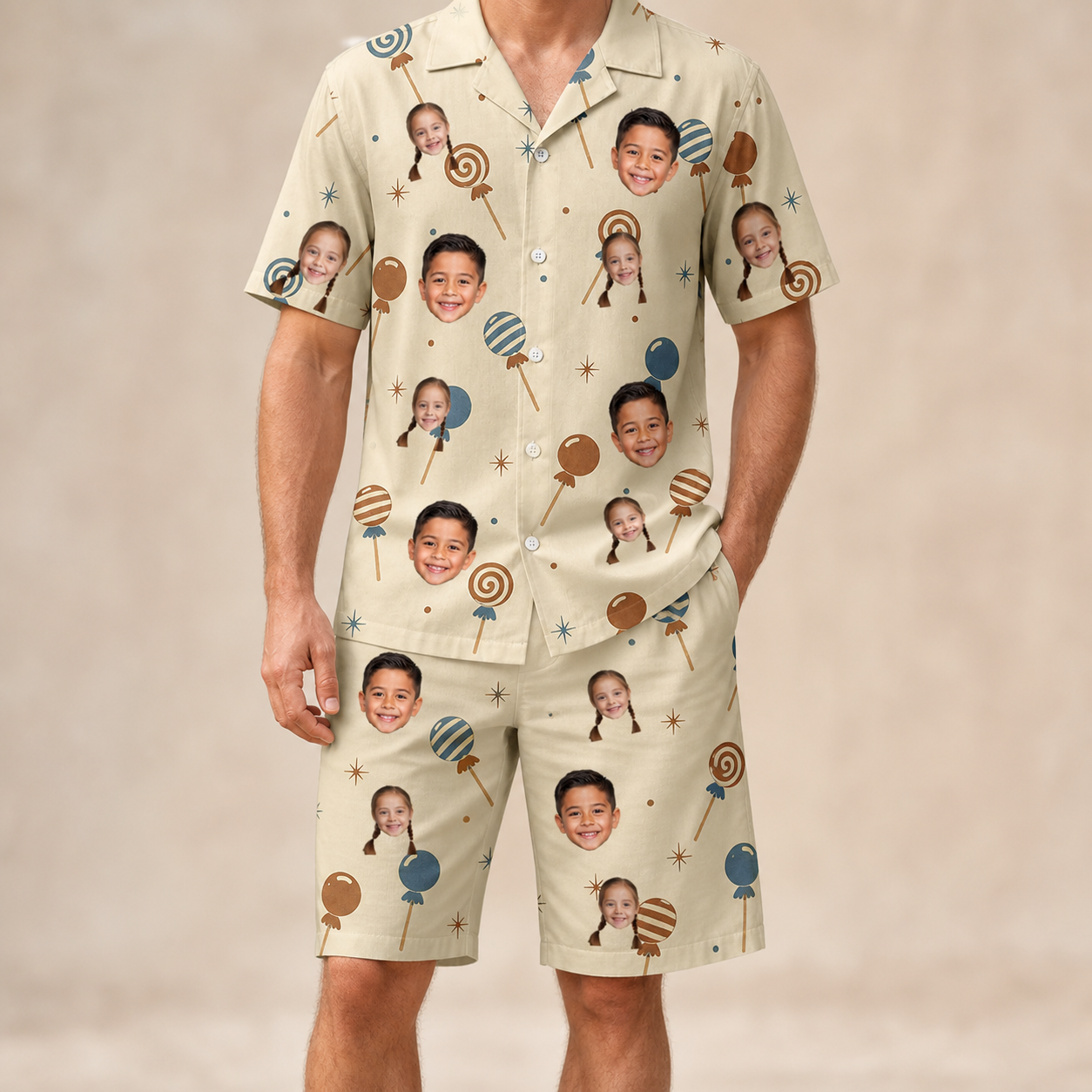 Model wearing Men's Sugar Spin Custom Face Shirt & Shorts Set printed with kids' faces