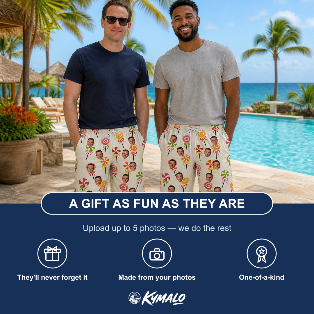 Friends in matching Men's Lolli Jubilee Custom Face Beach Shorts — a group gift photo