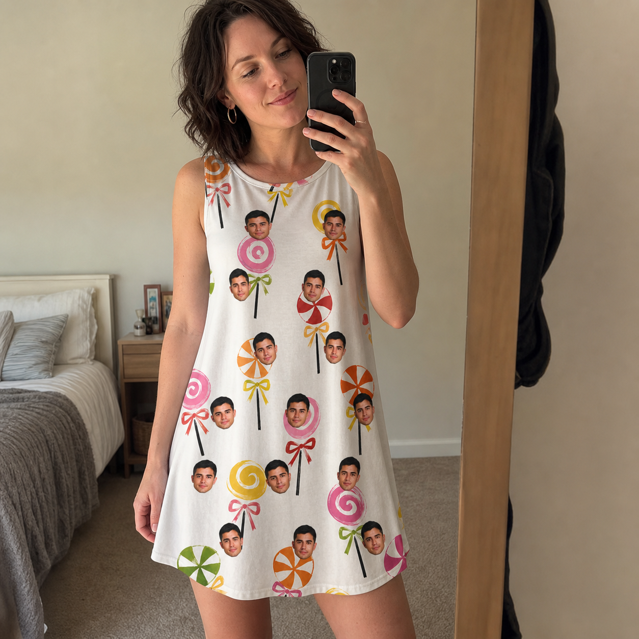Real-life photo of someone wearing Women's Lolli Jubilee Custom Face Tank Dress — custom faces printed all-over