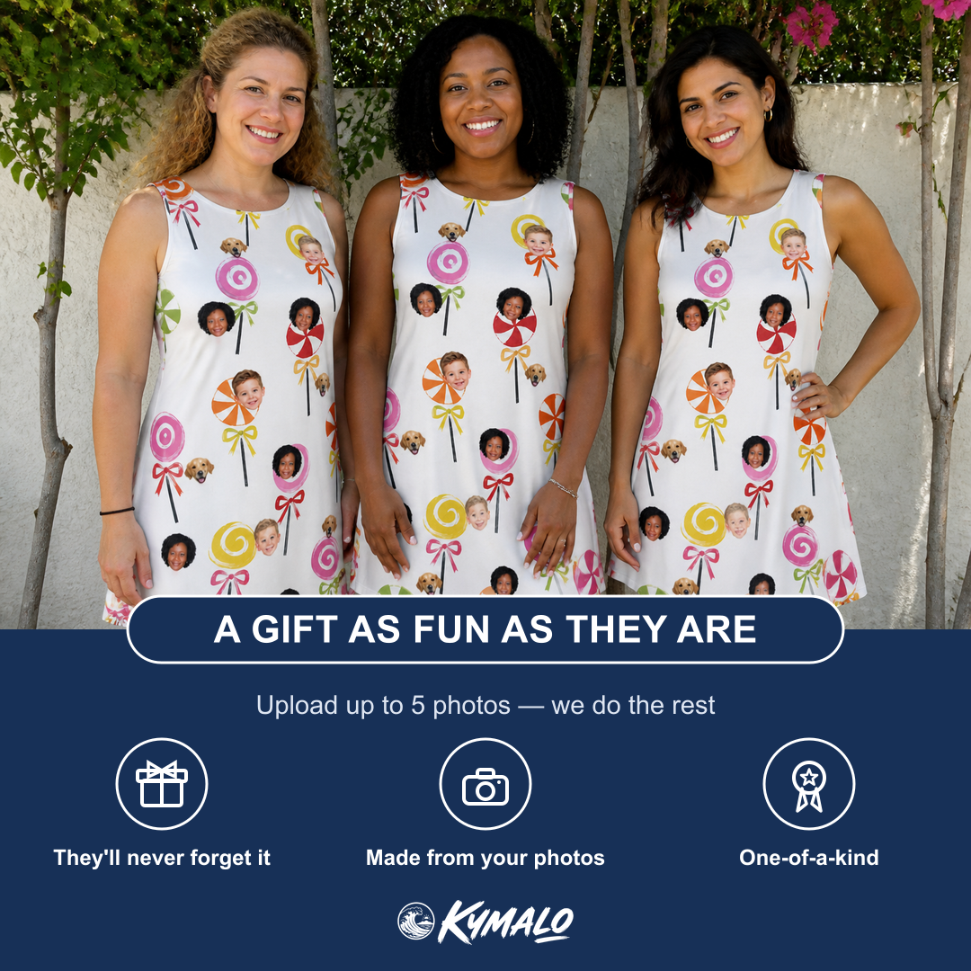 Friends in matching Women's Lolli Jubilee Custom Face Tank Dress — a group gift photo