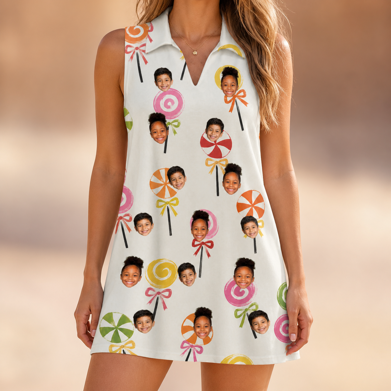 Model wearing Women's Lolli Jubilee Custom Face V-Neck Dress printed with kids' faces