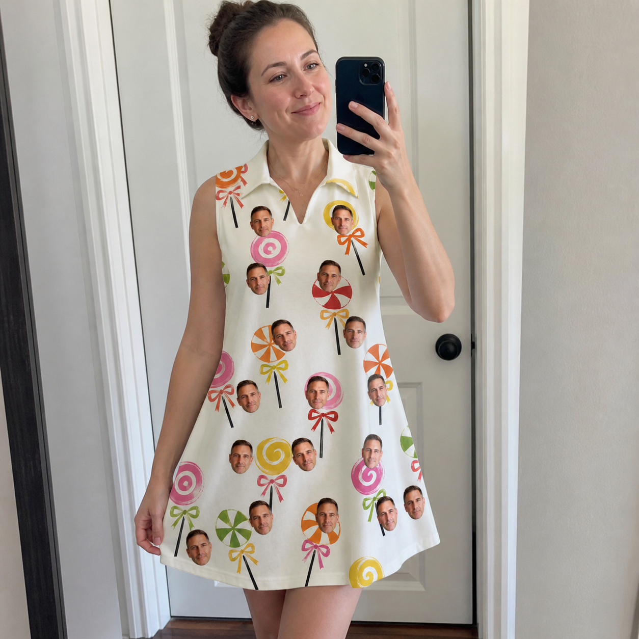 Real-life photo of someone wearing Women's Lolli Jubilee Custom Face V-Neck Dress — custom faces printed all-over