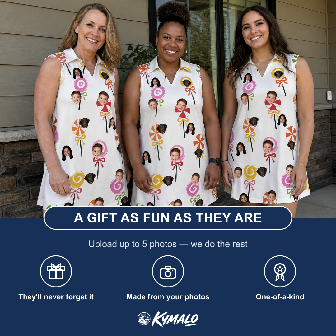 Friends in matching Women's Lolli Jubilee Custom Face V-Neck Dress — a group gift photo