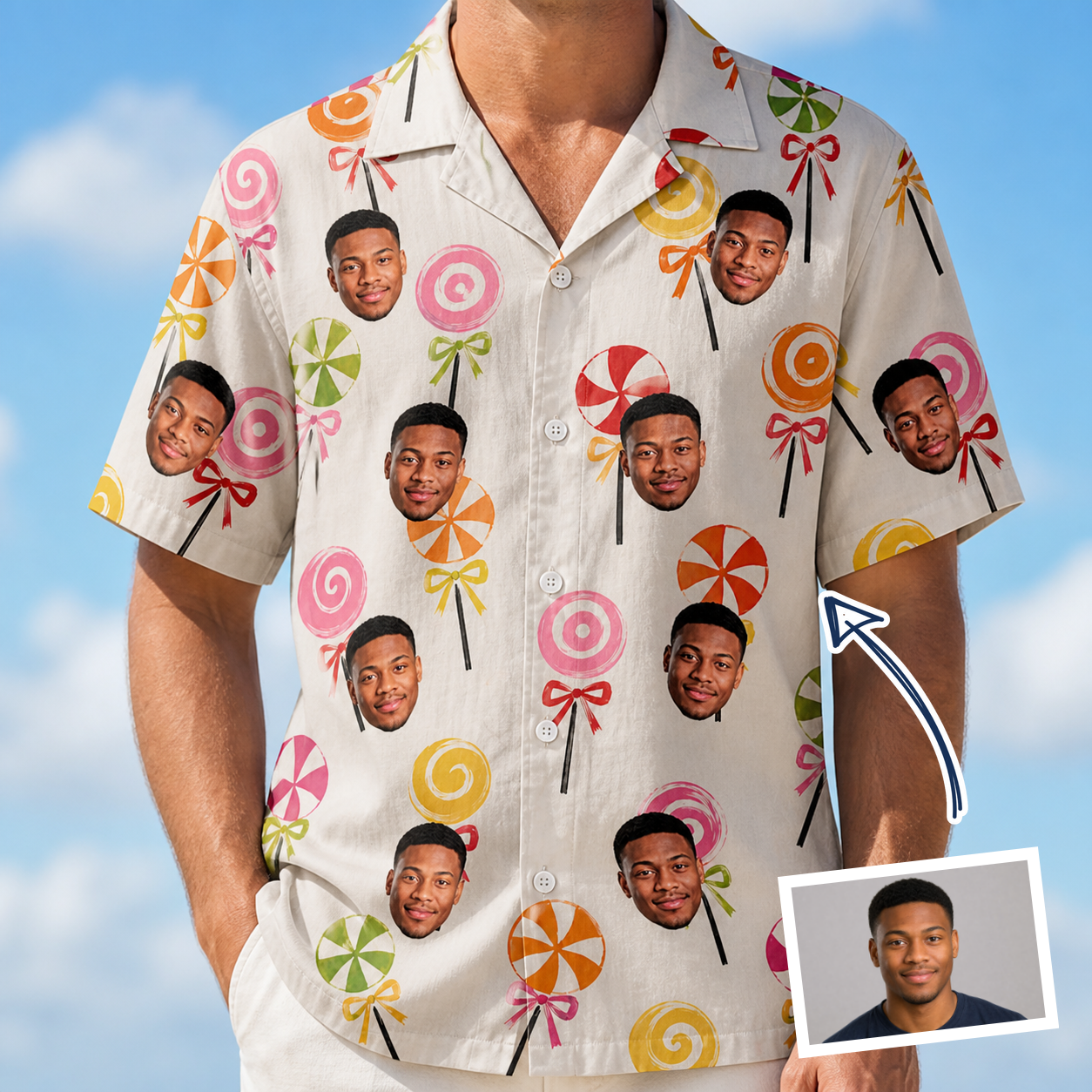 Man wearing Men's Lolli Jubilee Custom Face Hawaiian Shirt — custom faces printed all-over