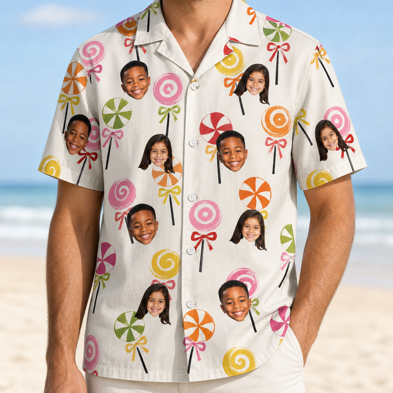 Model wearing Men's Lolli Jubilee Custom Face Hawaiian Shirt printed with kids' faces