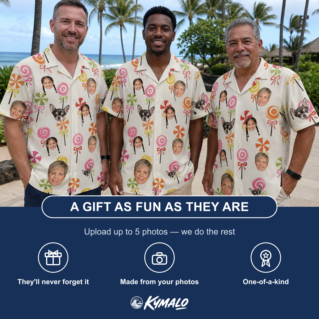 Friends in matching Men's Lolli Jubilee Custom Face Hawaiian Shirt — a group gift photo