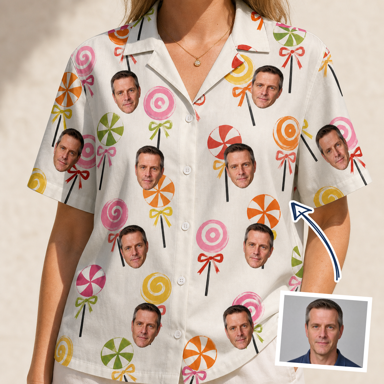 Woman wearing Women's Lolli Jubilee Custom Face Hawaiian Shirt — custom faces printed all-over