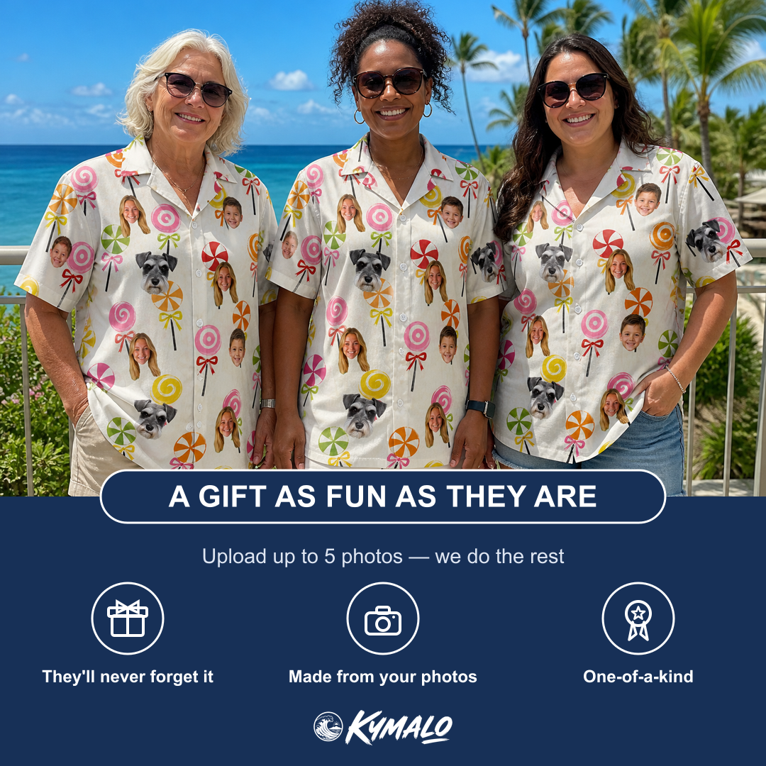 Friends in matching Women's Lolli Jubilee Custom Face Hawaiian Shirt — a group gift photo