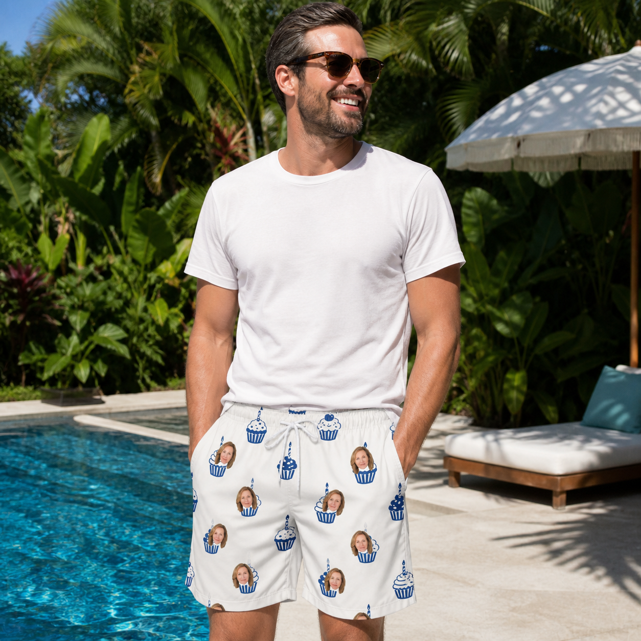 Real-life photo of someone wearing Men's Cupcake Countdown Custom Face Beach Shorts — custom faces printed all-over