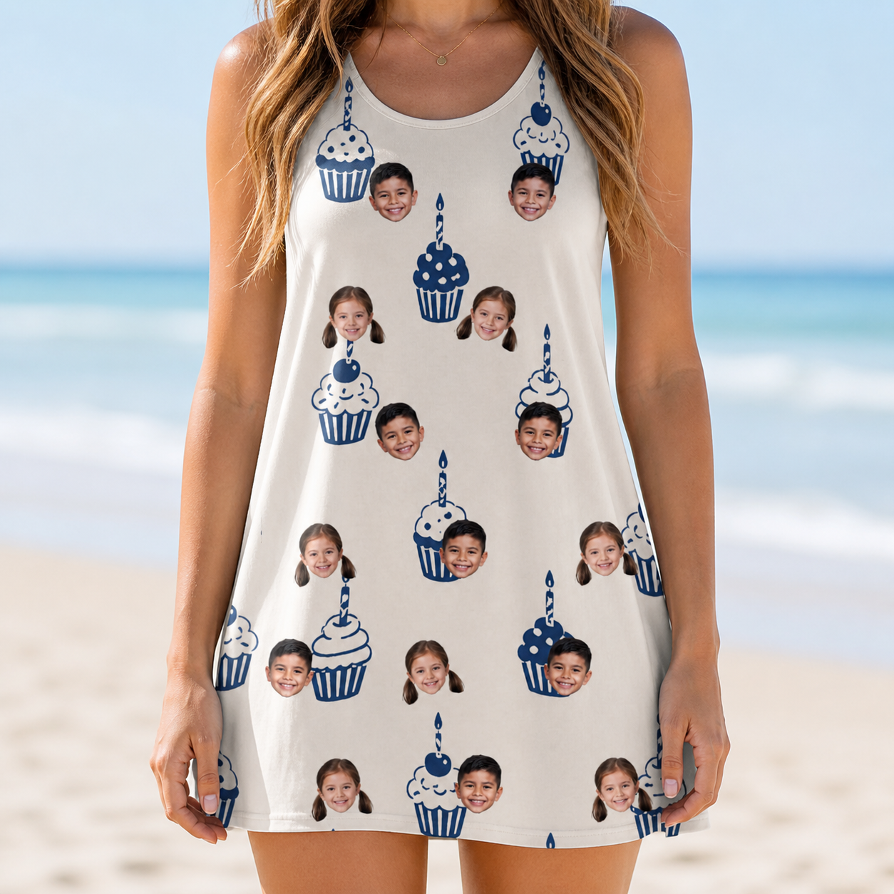Model wearing Women's Cupcake Countdown Custom Face Tank Dress printed with kids' faces