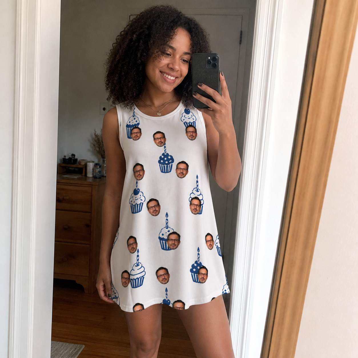 Real-life photo of someone wearing Women's Cupcake Countdown Custom Face Tank Dress — custom faces printed all-over