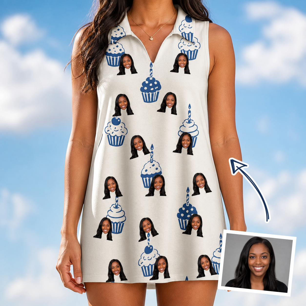 Woman wearing Women's Cupcake Countdown Custom Face V-Neck Dress — custom faces printed all-over