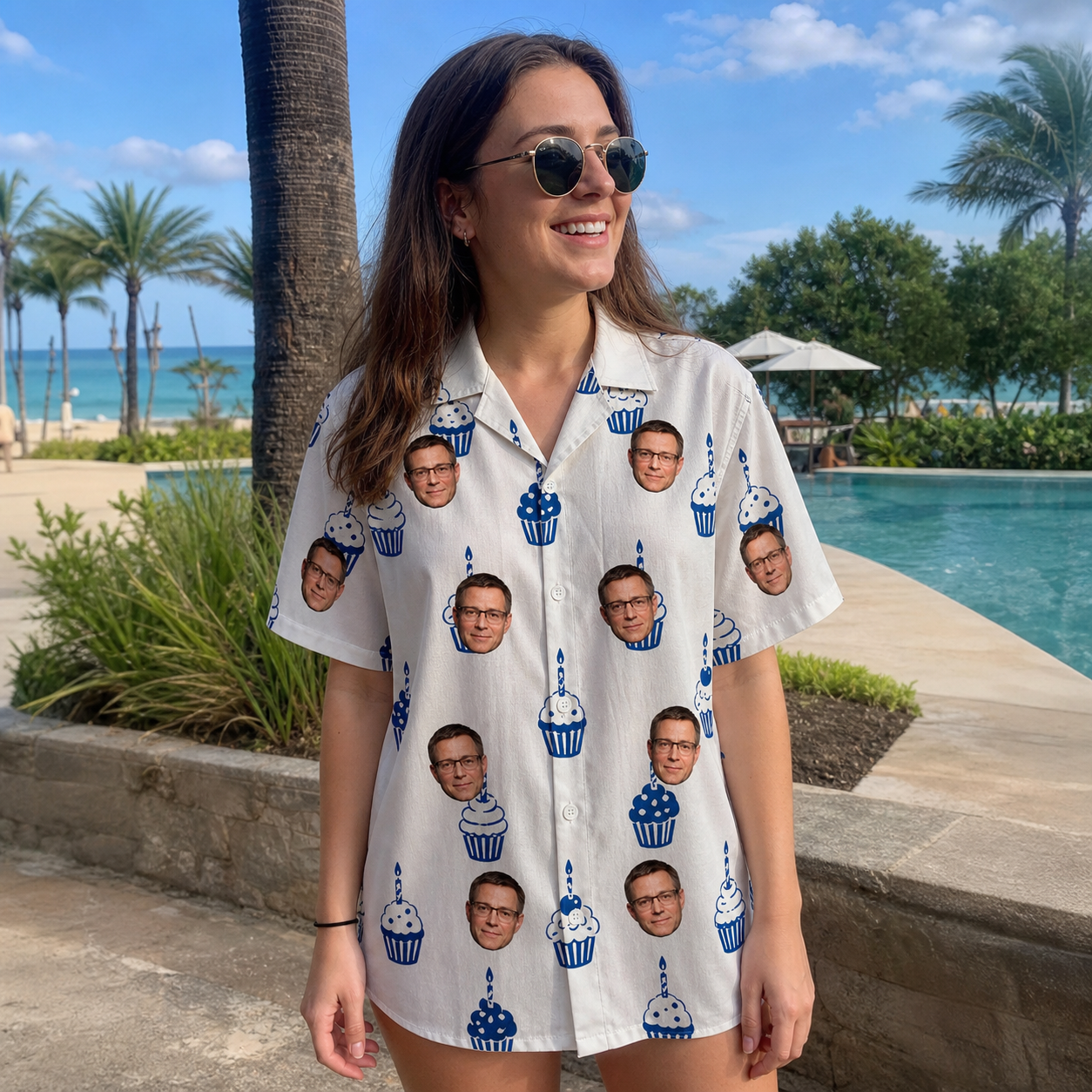 Real-life photo of someone wearing Women's Cupcake Countdown Custom Face Hawaiian Shirt — custom faces printed all-over