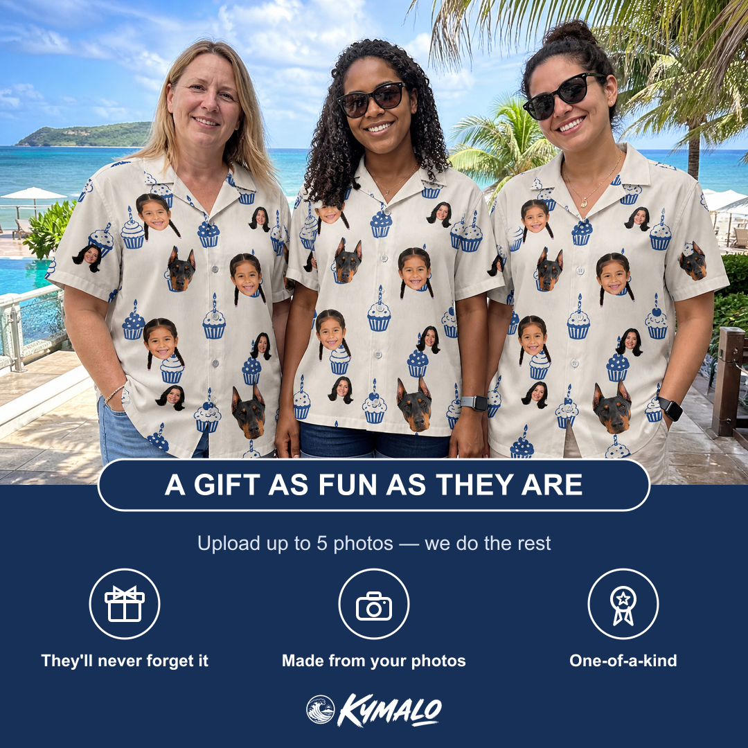 Friends in matching Women's Cupcake Countdown Custom Face Hawaiian Shirt — a group gift photo