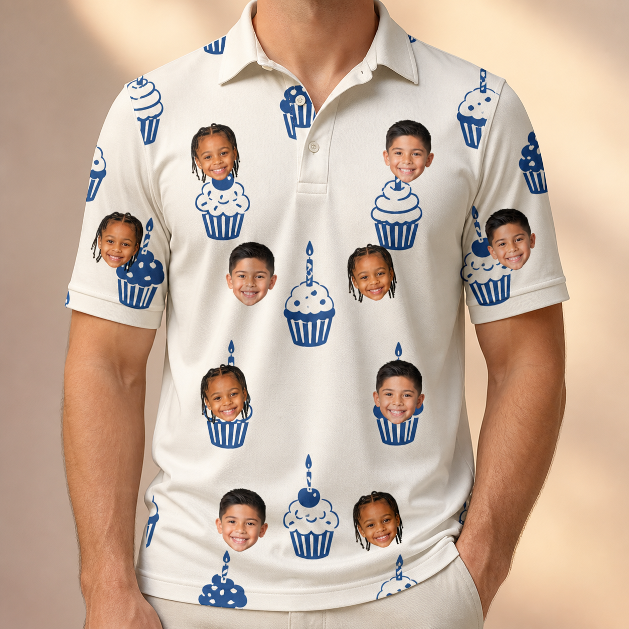 Model wearing Men's Cupcake Countdown Custom Face Polo Shirt printed with kids' faces