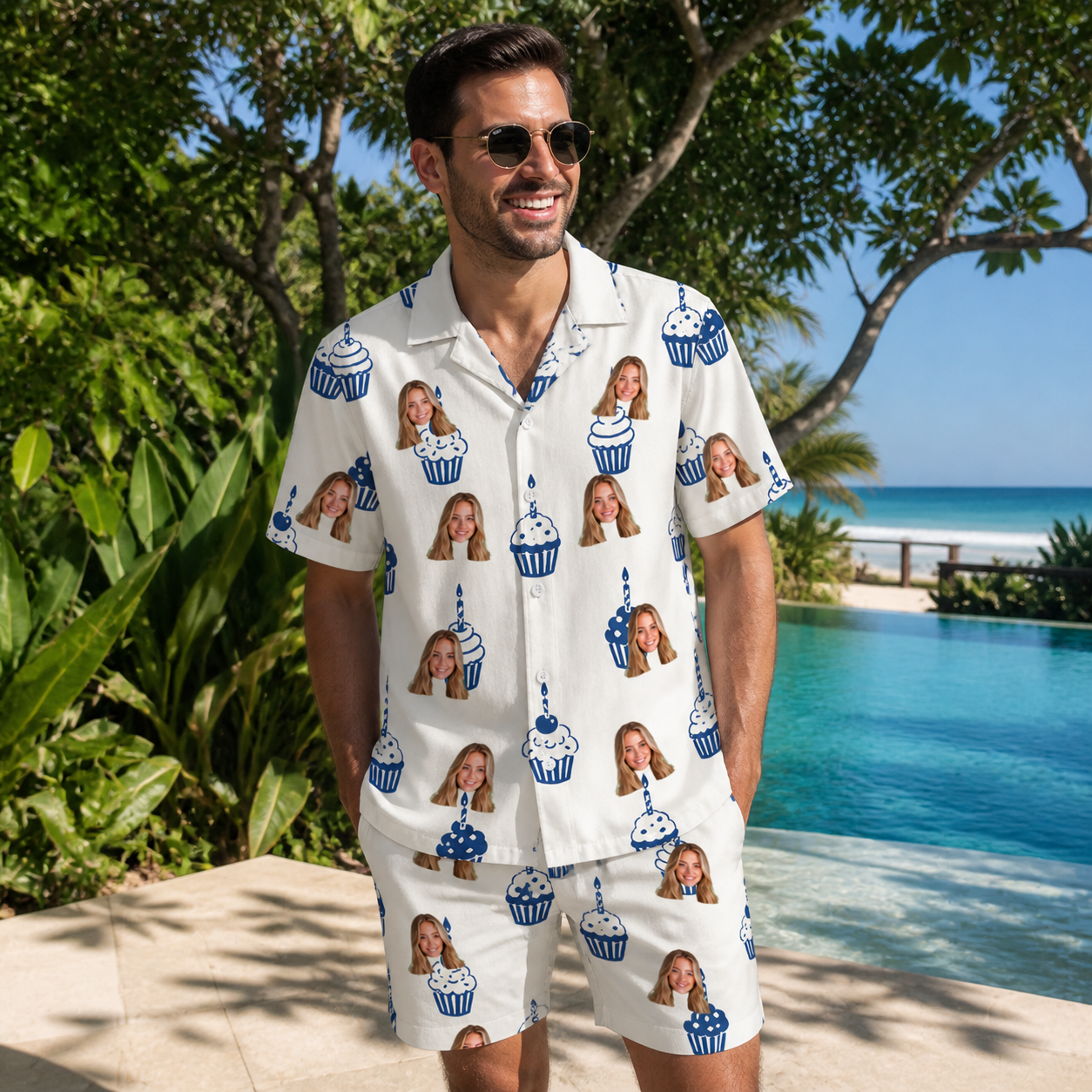 Real-life photo of someone wearing Men's Cupcake Countdown Custom Face Shirt & Shorts Set — custom faces printed all-over