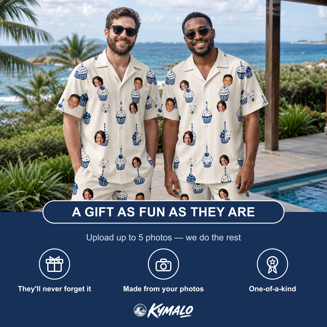 Friends in matching Men's Cupcake Countdown Custom Face Shirt & Shorts Set — a group gift photo