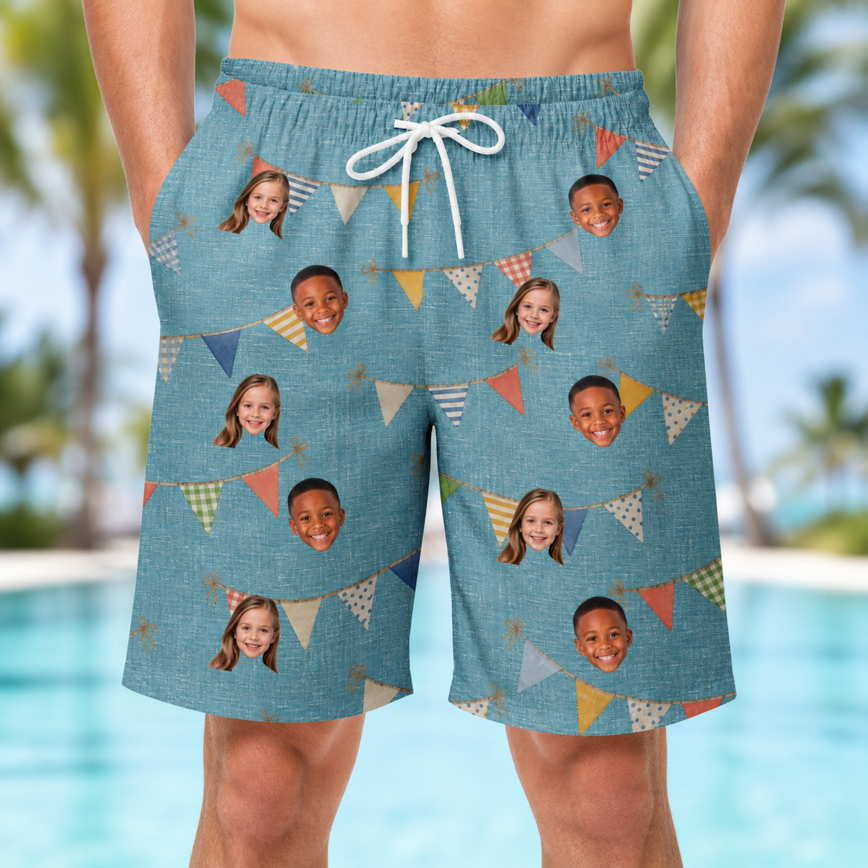 Model wearing Men's Birthday Bunting Custom Face Beach Shorts printed with kids' faces