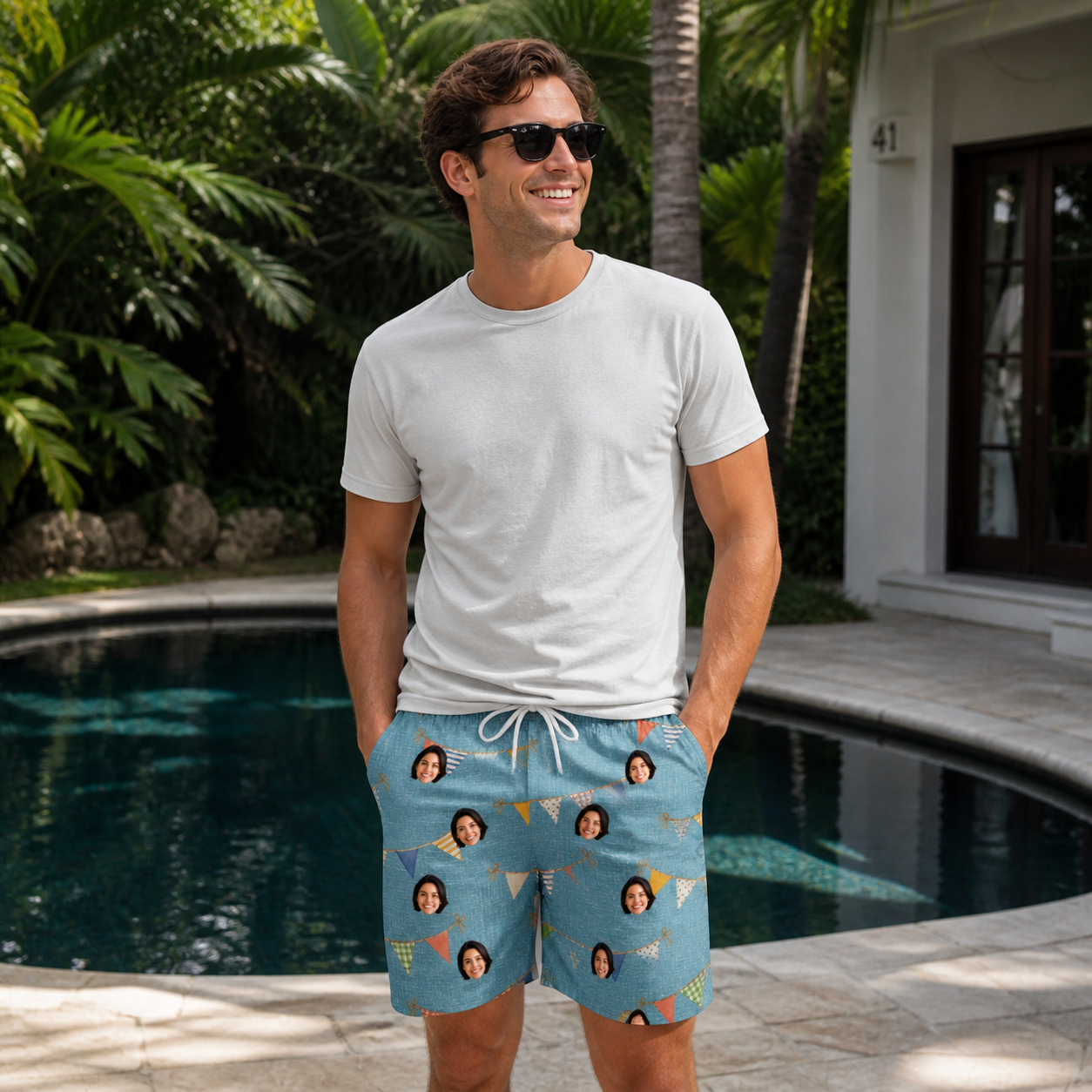 Real-life photo of someone wearing Men's Birthday Bunting Custom Face Beach Shorts — custom faces printed all-over