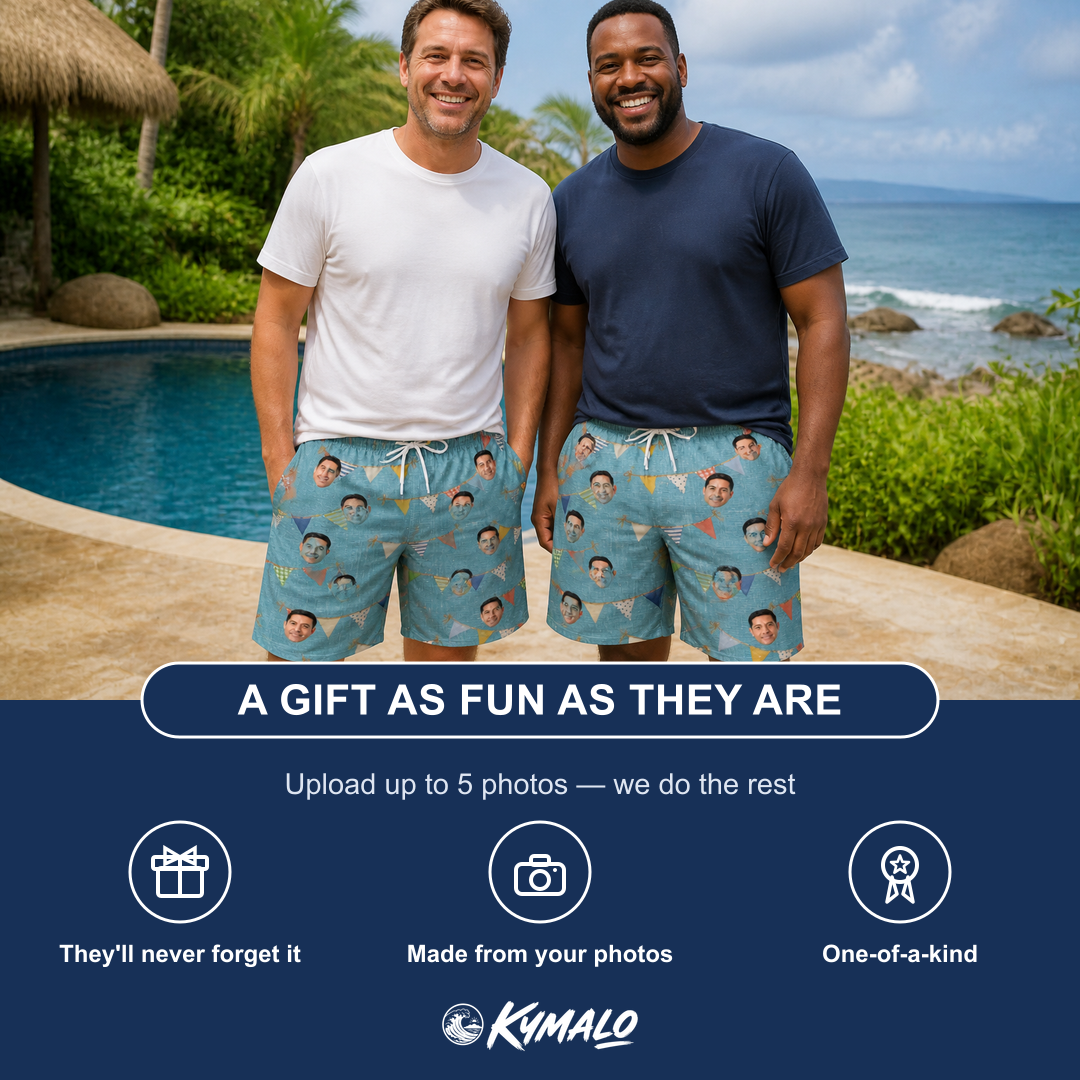 Friends in matching Men's Birthday Bunting Custom Face Beach Shorts — a group gift photo