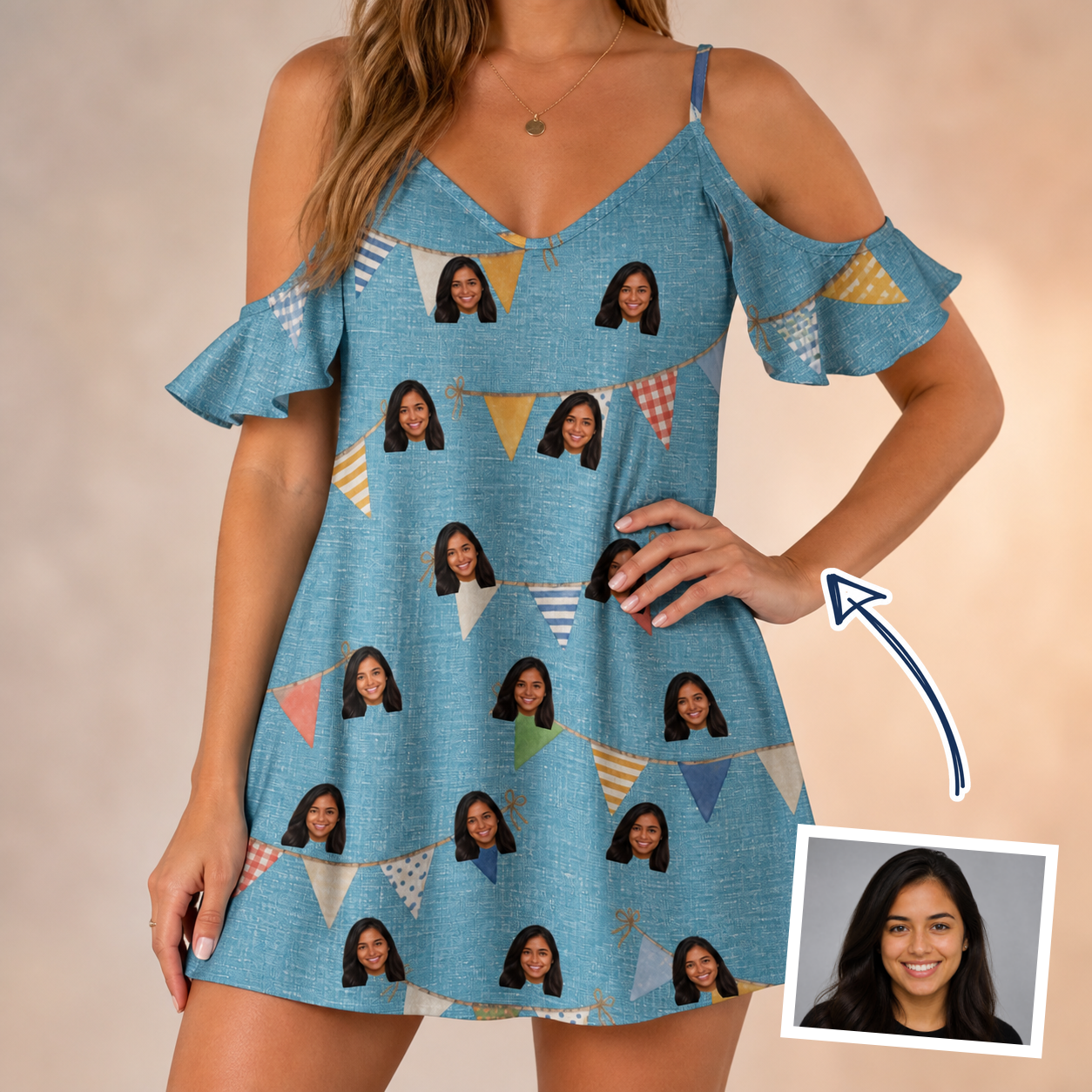 Woman wearing Women's Birthday Bunting Custom Face Off-Shoulder Dress — custom faces printed all-over