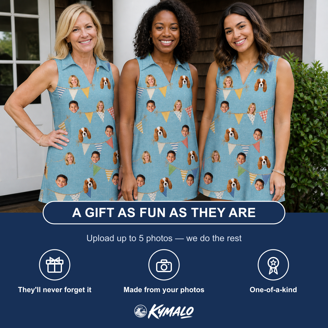Friends in matching Women's Birthday Bunting Custom Face V-Neck Dress — a group gift photo