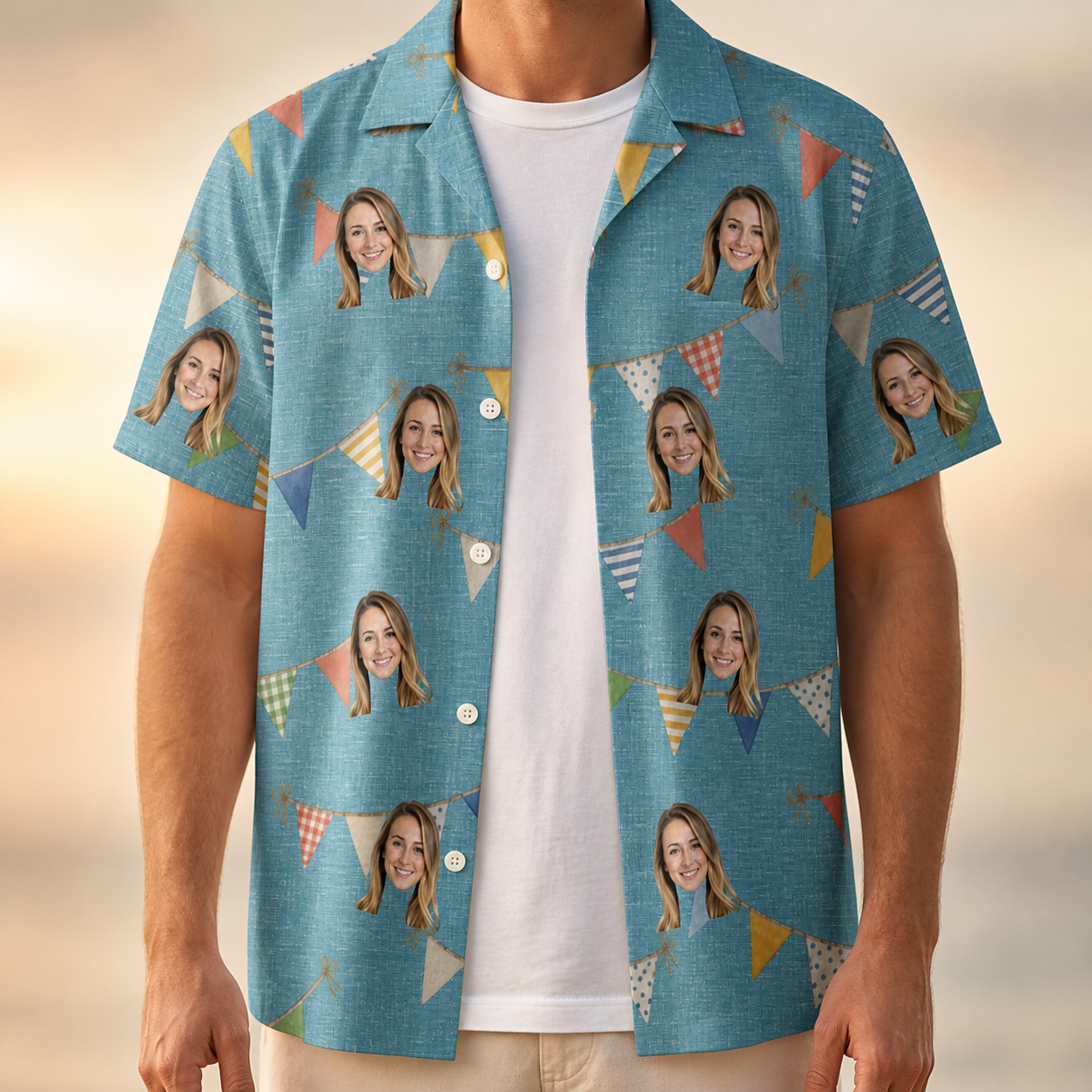Man wearing Men's Birthday Bunting Custom Face Hawaiian Shirt open over a white tee
