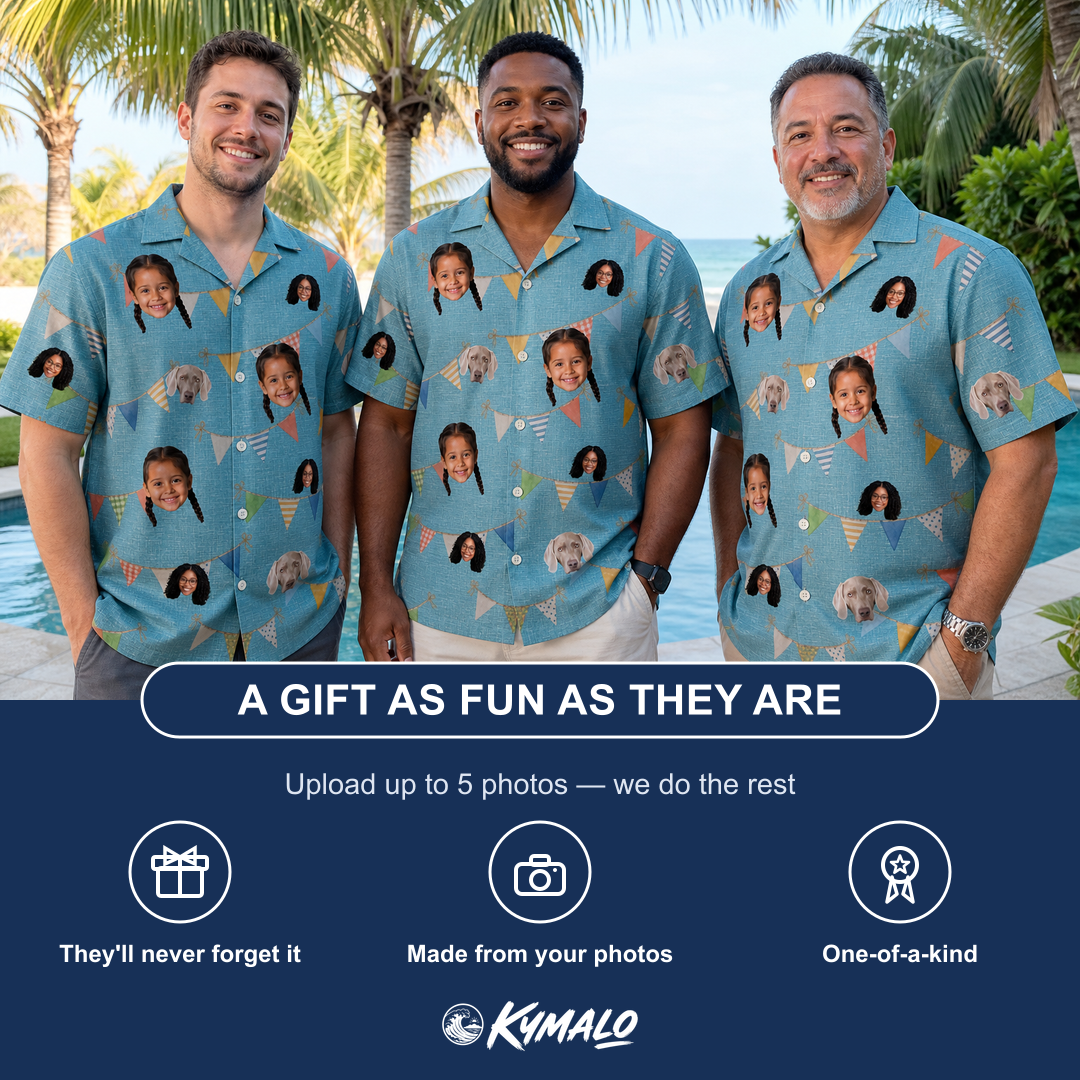 Friends in matching Men's Birthday Bunting Custom Face Hawaiian Shirt — a group gift photo