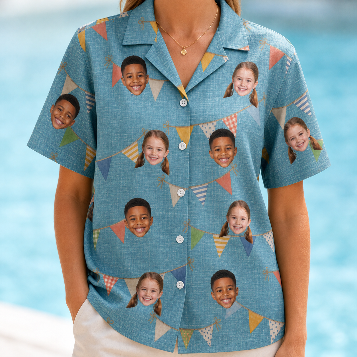 Model wearing Women's Birthday Bunting Custom Face Hawaiian Shirt printed with kids' faces