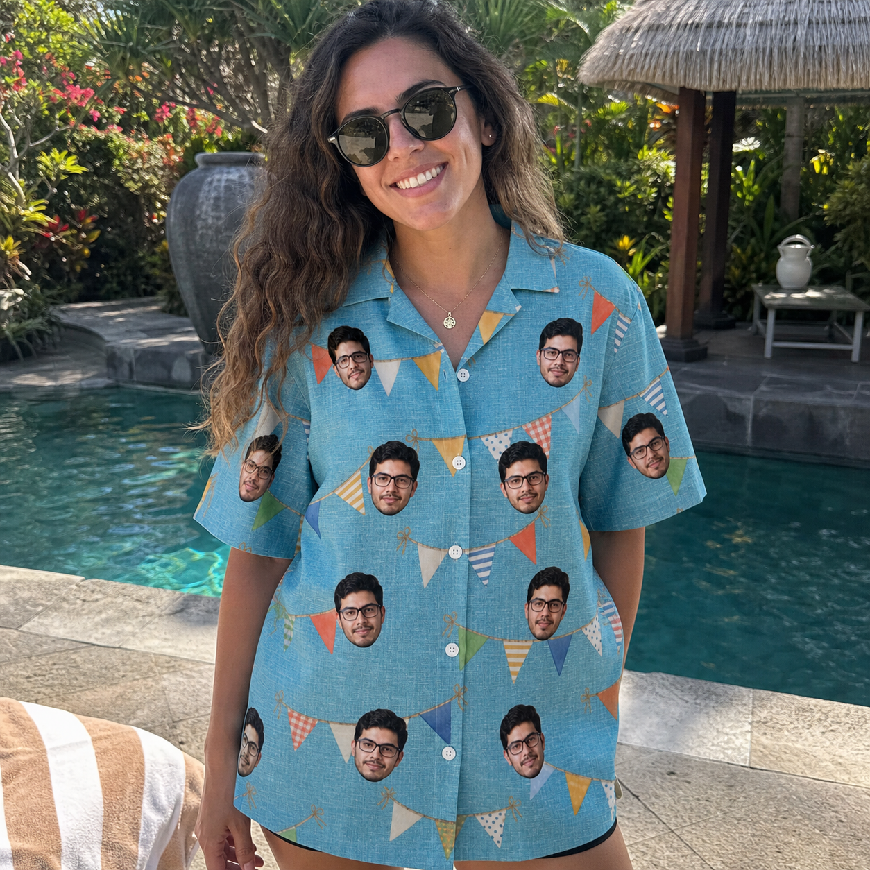 Real-life photo of someone wearing Women's Birthday Bunting Custom Face Hawaiian Shirt — custom faces printed all-over