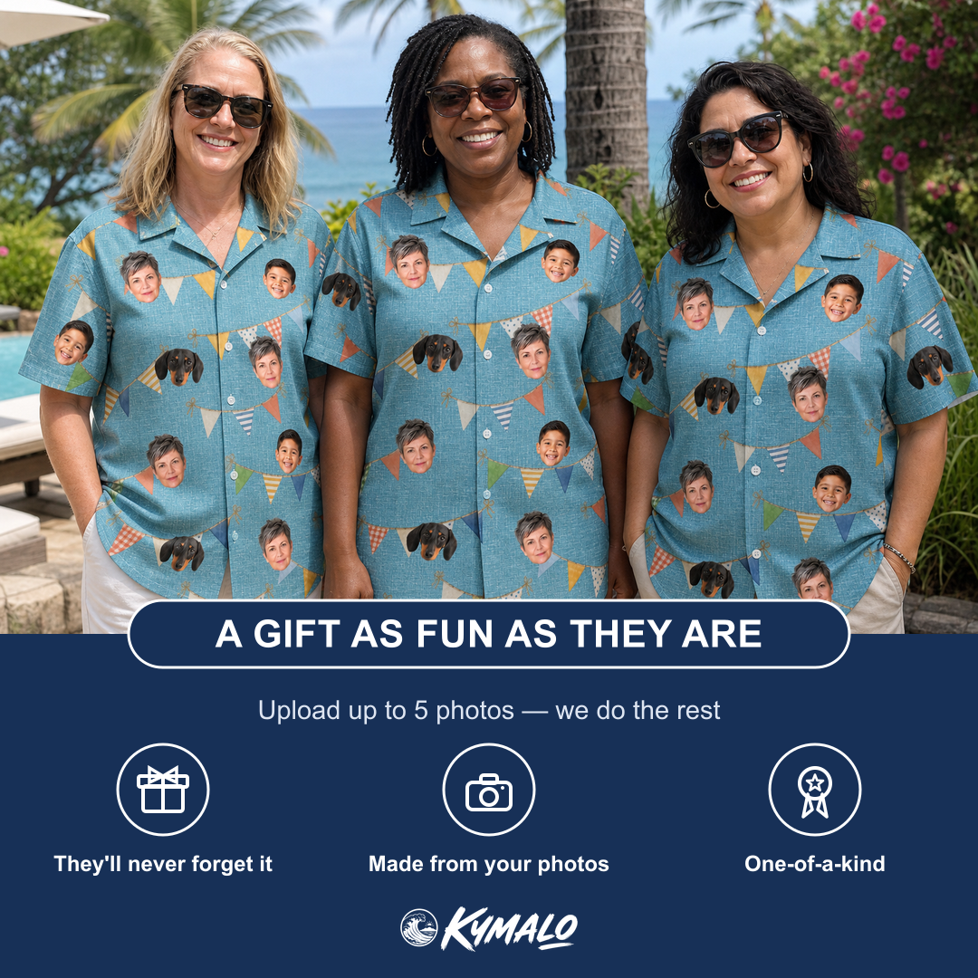 Friends in matching Women's Birthday Bunting Custom Face Hawaiian Shirt — a group gift photo