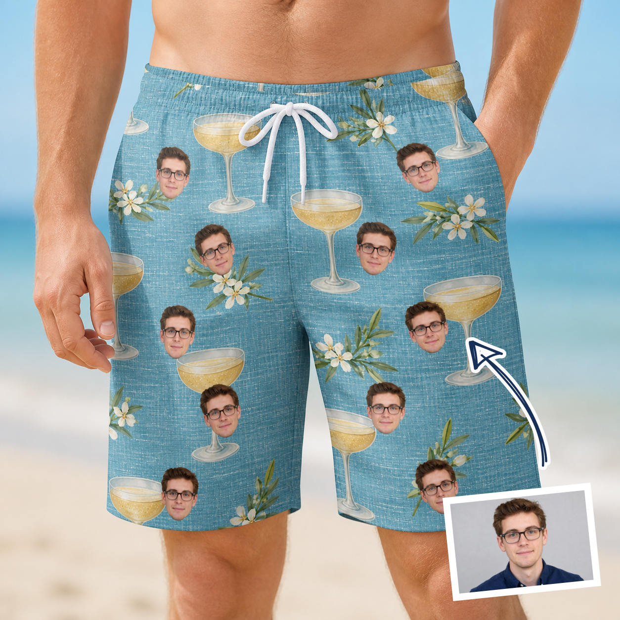Man wearing Men's Coupe Coup Custom Face Beach Shorts — custom faces printed all-over