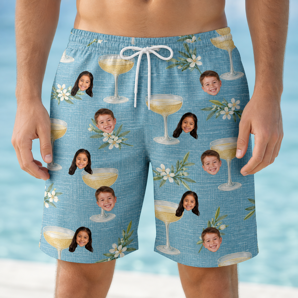 Model wearing Men's Coupe Coup Custom Face Beach Shorts printed with kids' faces