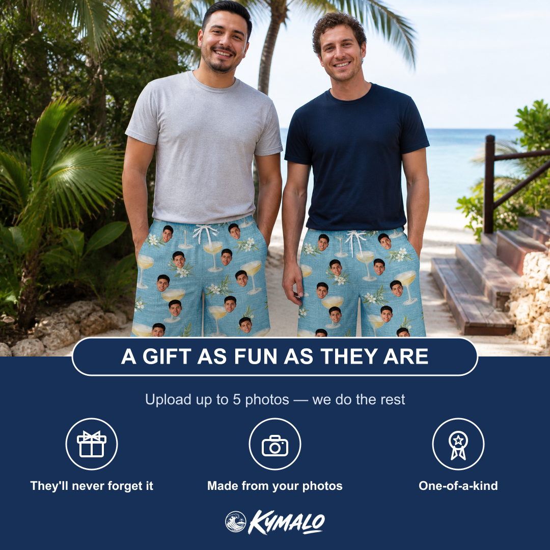Friends in matching Men's Coupe Coup Custom Face Beach Shorts — a group gift photo