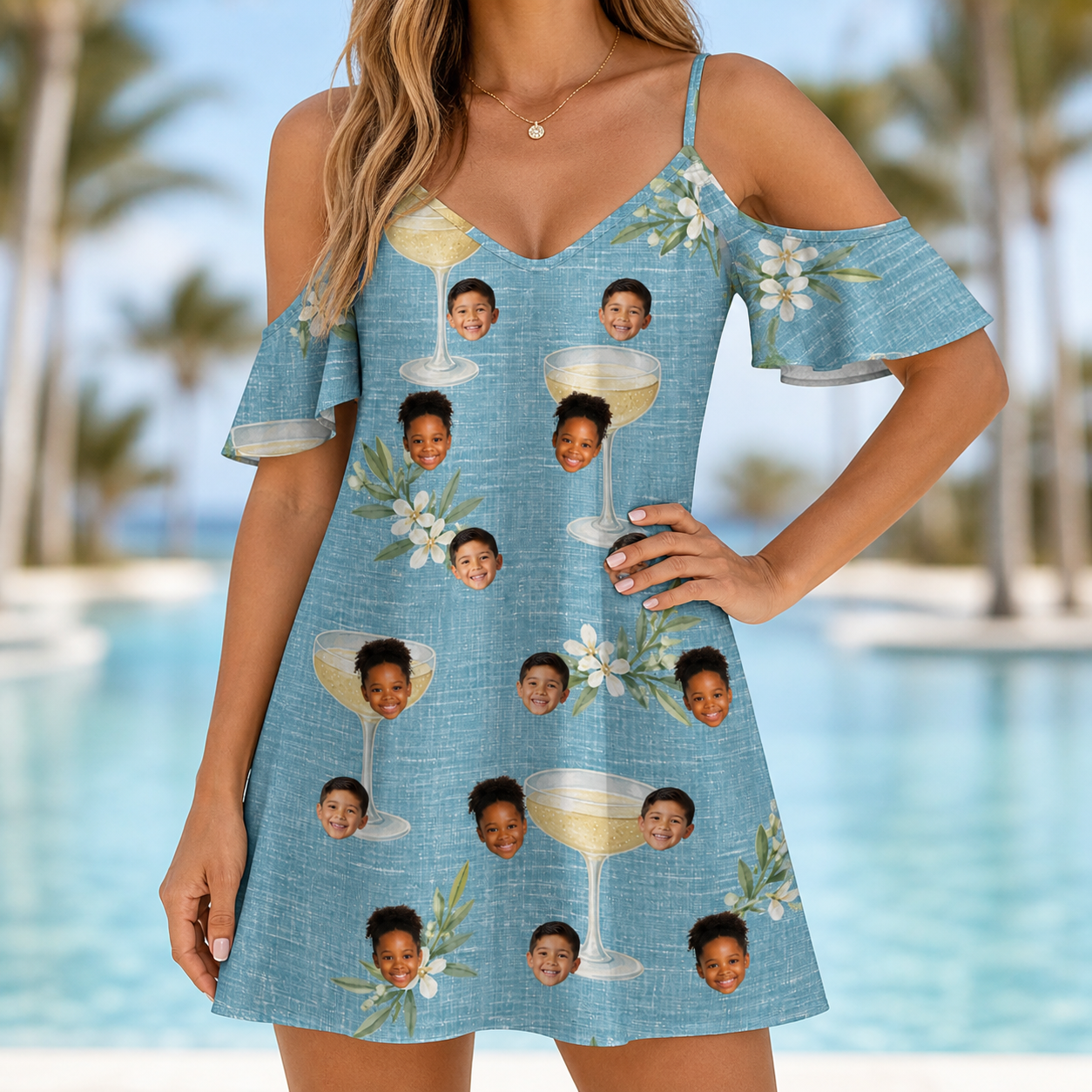 Model wearing Women's Coupe Coup Custom Face Off-Shoulder Dress printed with kids' faces