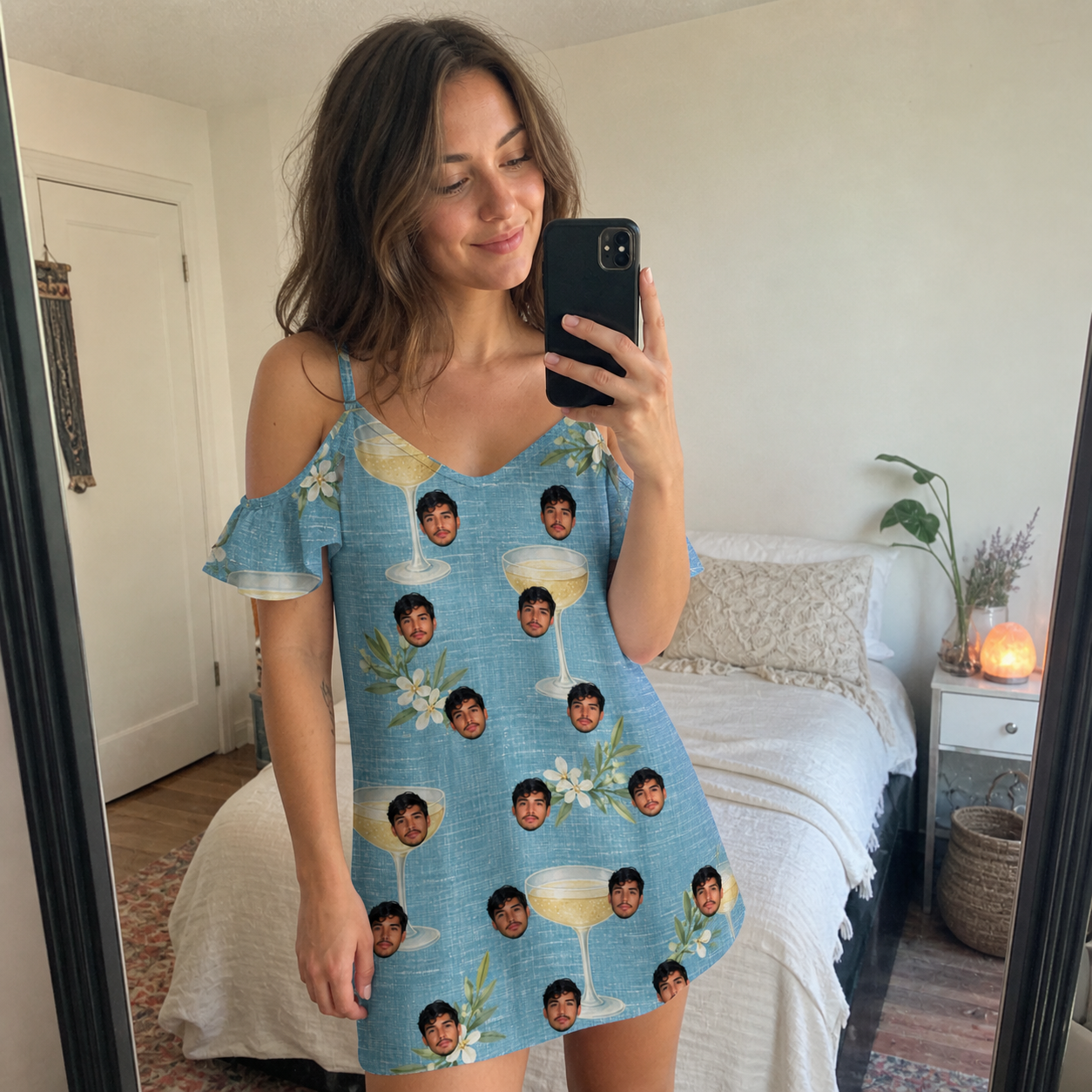 Real-life photo of someone wearing Women's Coupe Coup Custom Face Off-Shoulder Dress — custom faces printed all-over