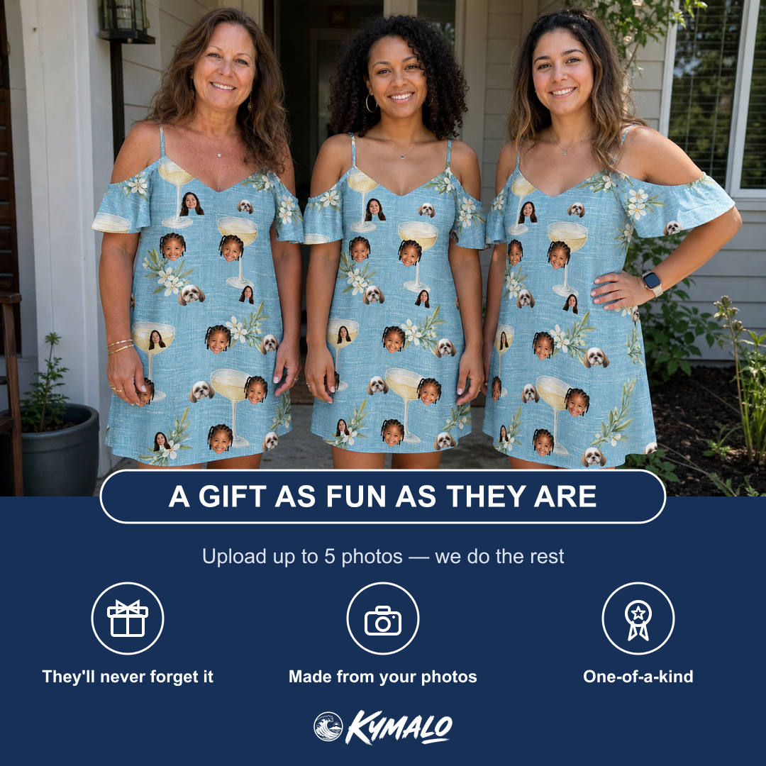 Friends in matching Women's Coupe Coup Custom Face Off-Shoulder Dress — a group gift photo