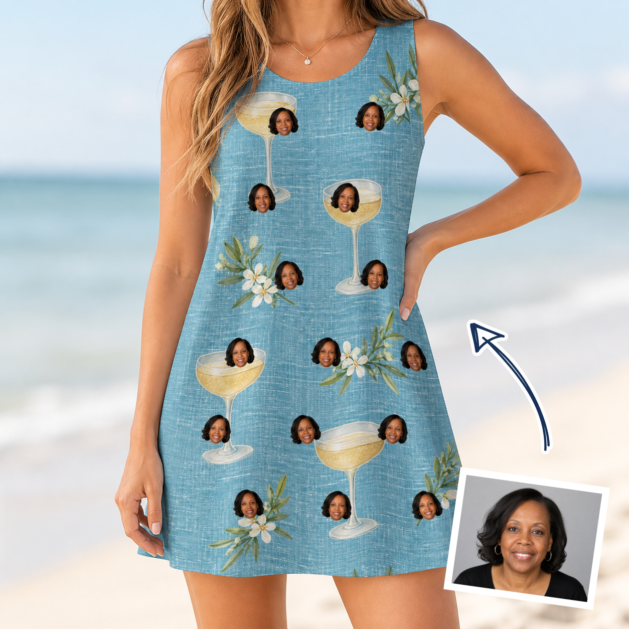 Woman wearing Women's Coupe Coup Custom Face Tank Dress — custom faces printed all-over