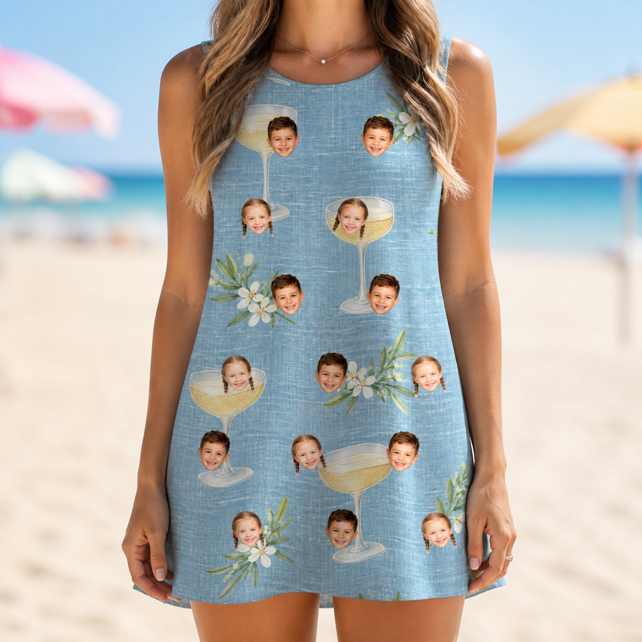 Model wearing Women's Coupe Coup Custom Face Tank Dress printed with kids' faces