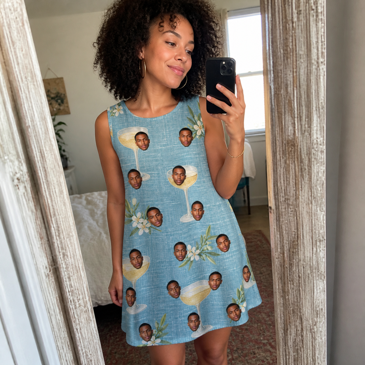 Real-life photo of someone wearing Women's Coupe Coup Custom Face Tank Dress — custom faces printed all-over