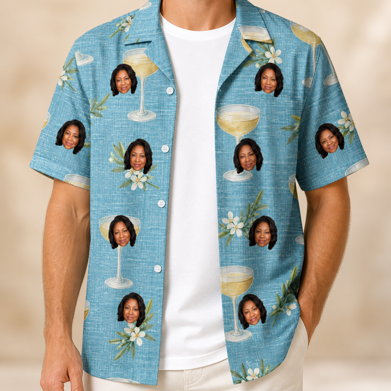 Man wearing Men's Coupe Coup Custom Face Hawaiian Shirt open over a white tee