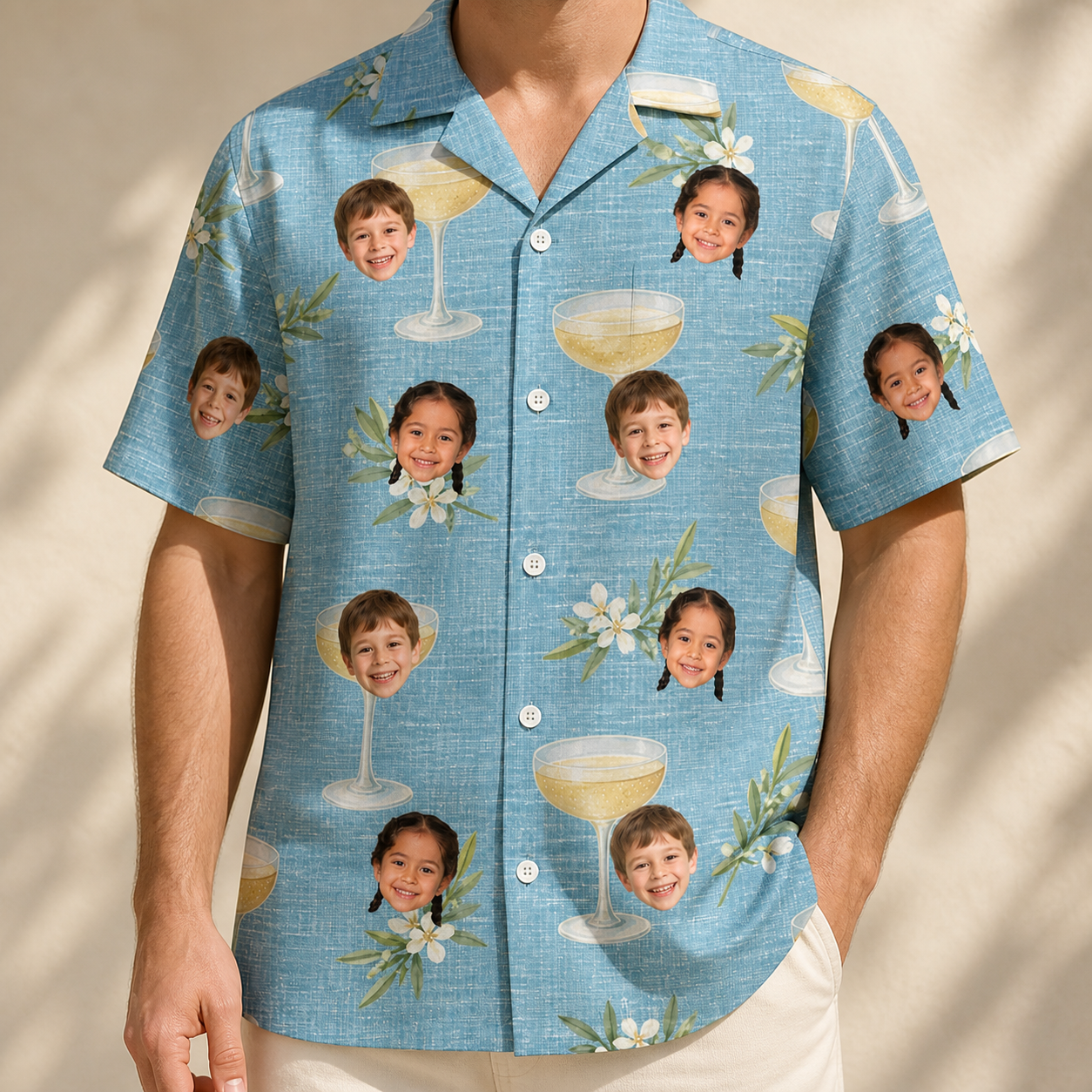 Model wearing Men's Coupe Coup Custom Face Hawaiian Shirt printed with kids' faces