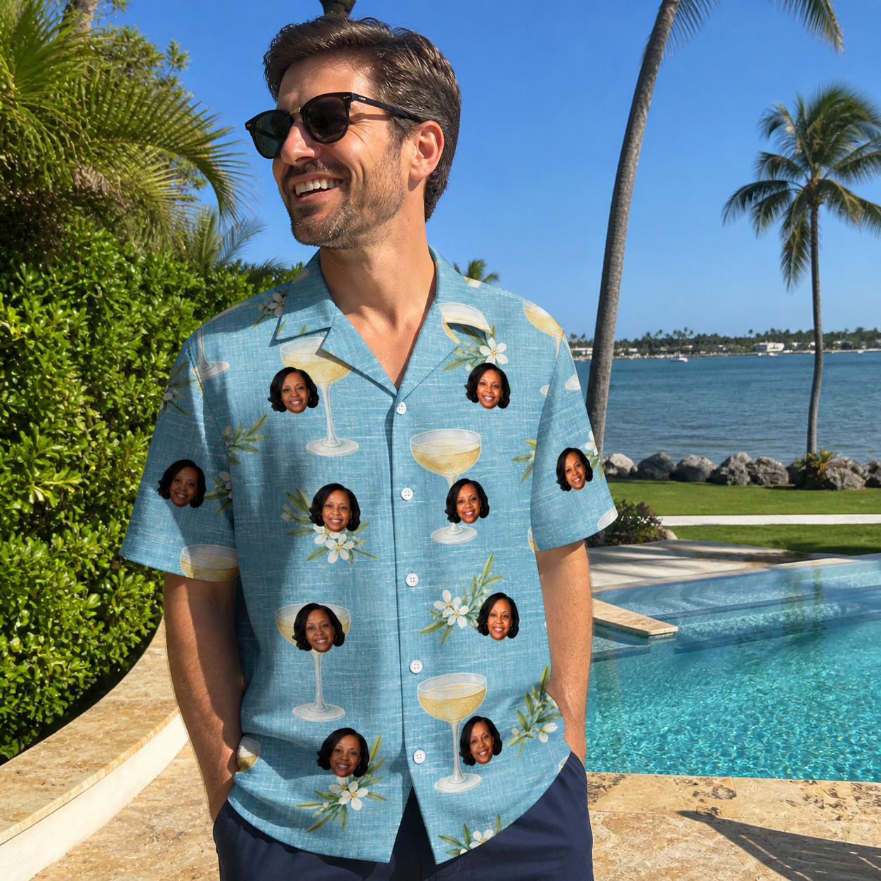 Real-life photo of someone wearing Men's Coupe Coup Custom Face Hawaiian Shirt — custom faces printed all-over