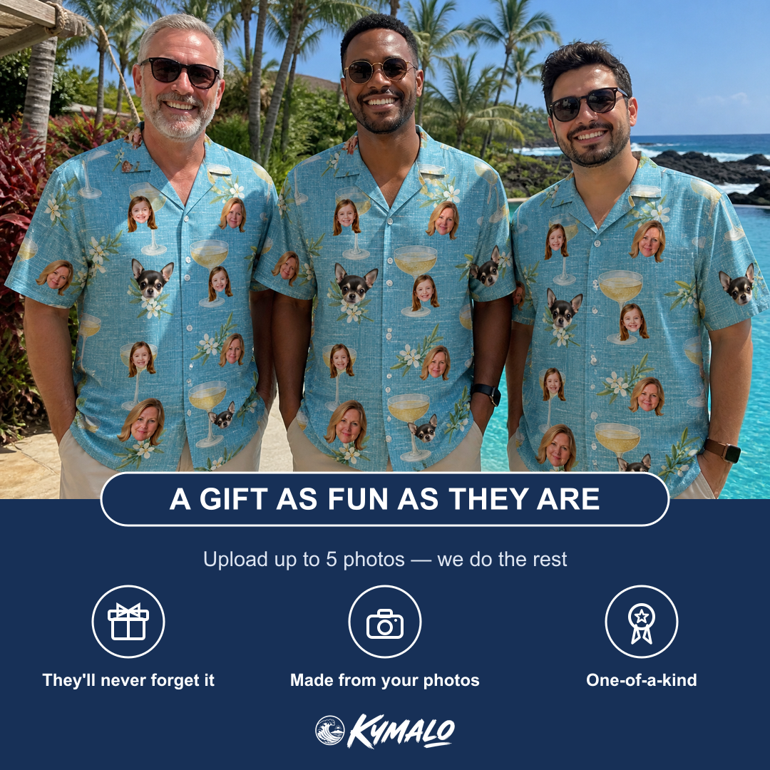 Friends in matching Men's Coupe Coup Custom Face Hawaiian Shirt — a group gift photo
