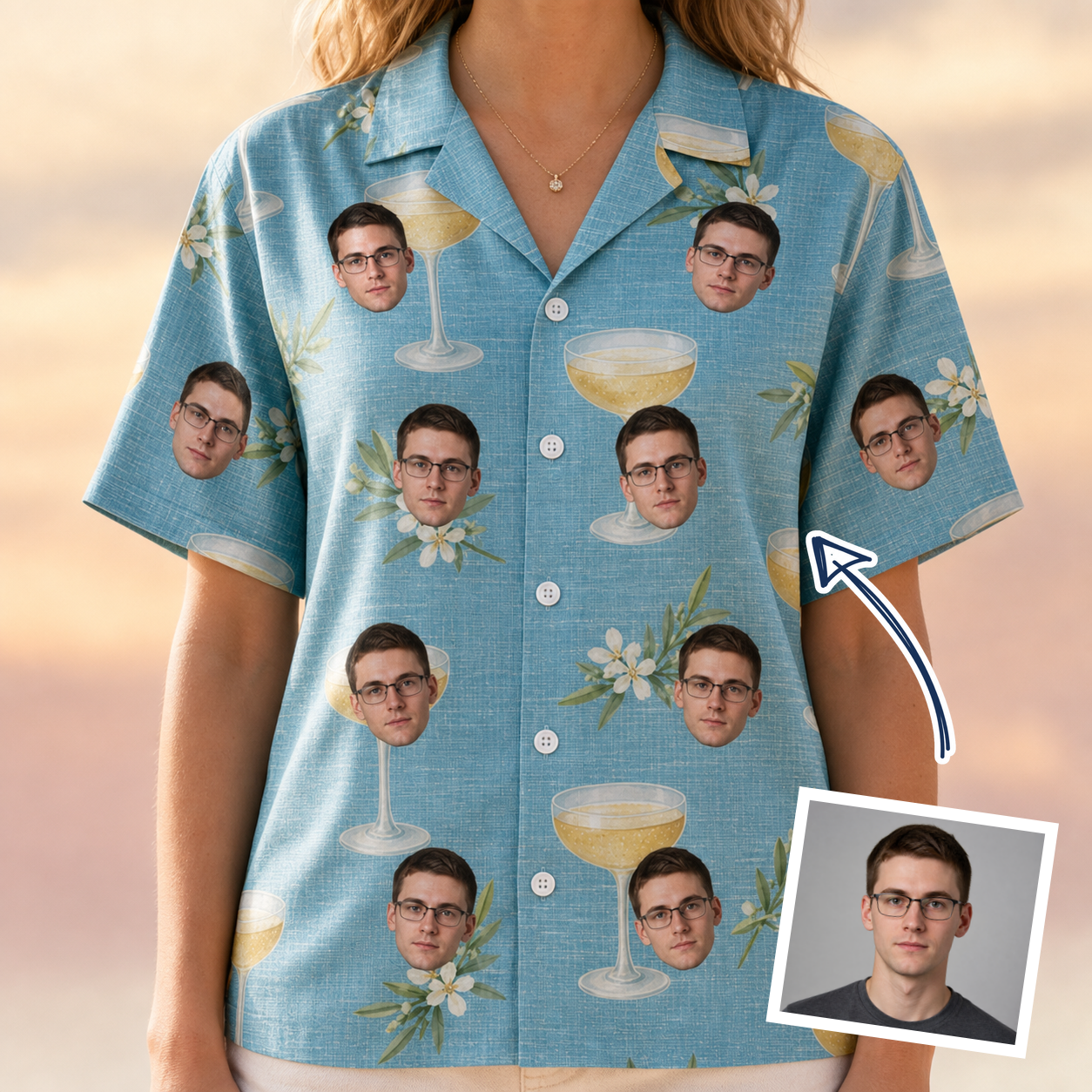 Woman wearing Women's Coupe Coup Custom Face Hawaiian Shirt — custom faces printed all-over