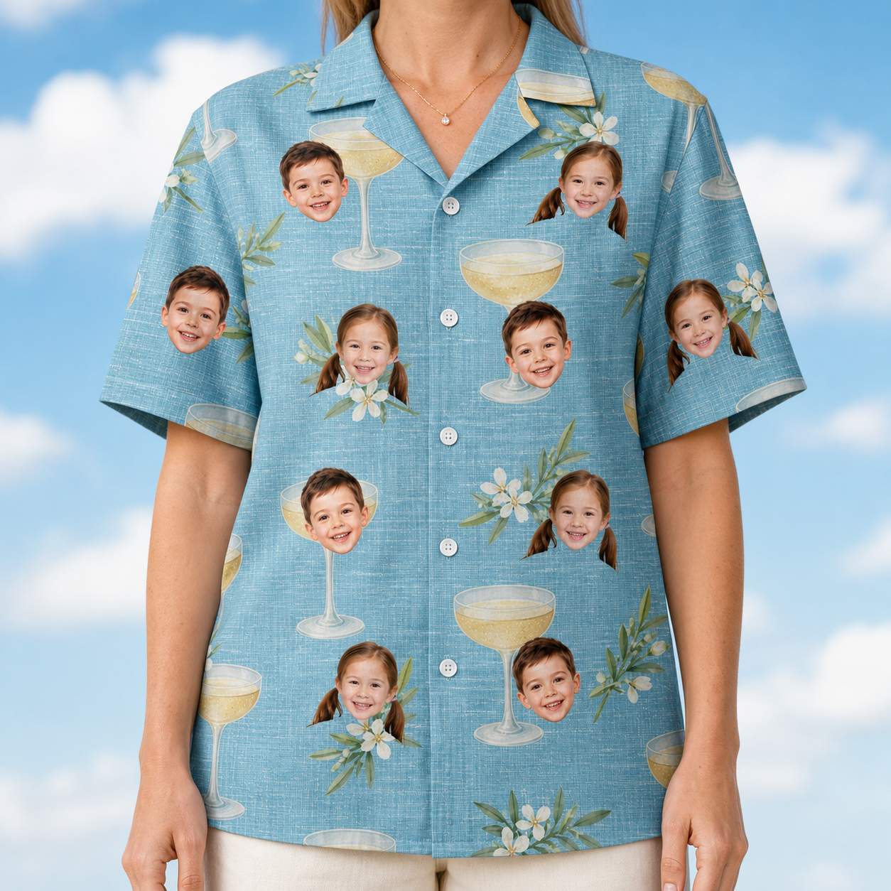 Model wearing Women's Coupe Coup Custom Face Hawaiian Shirt printed with kids' faces