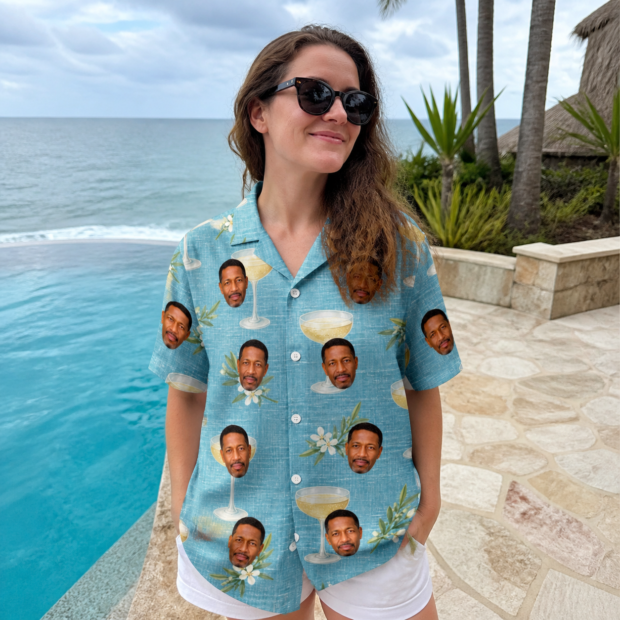 Real-life photo of someone wearing Women's Coupe Coup Custom Face Hawaiian Shirt — custom faces printed all-over