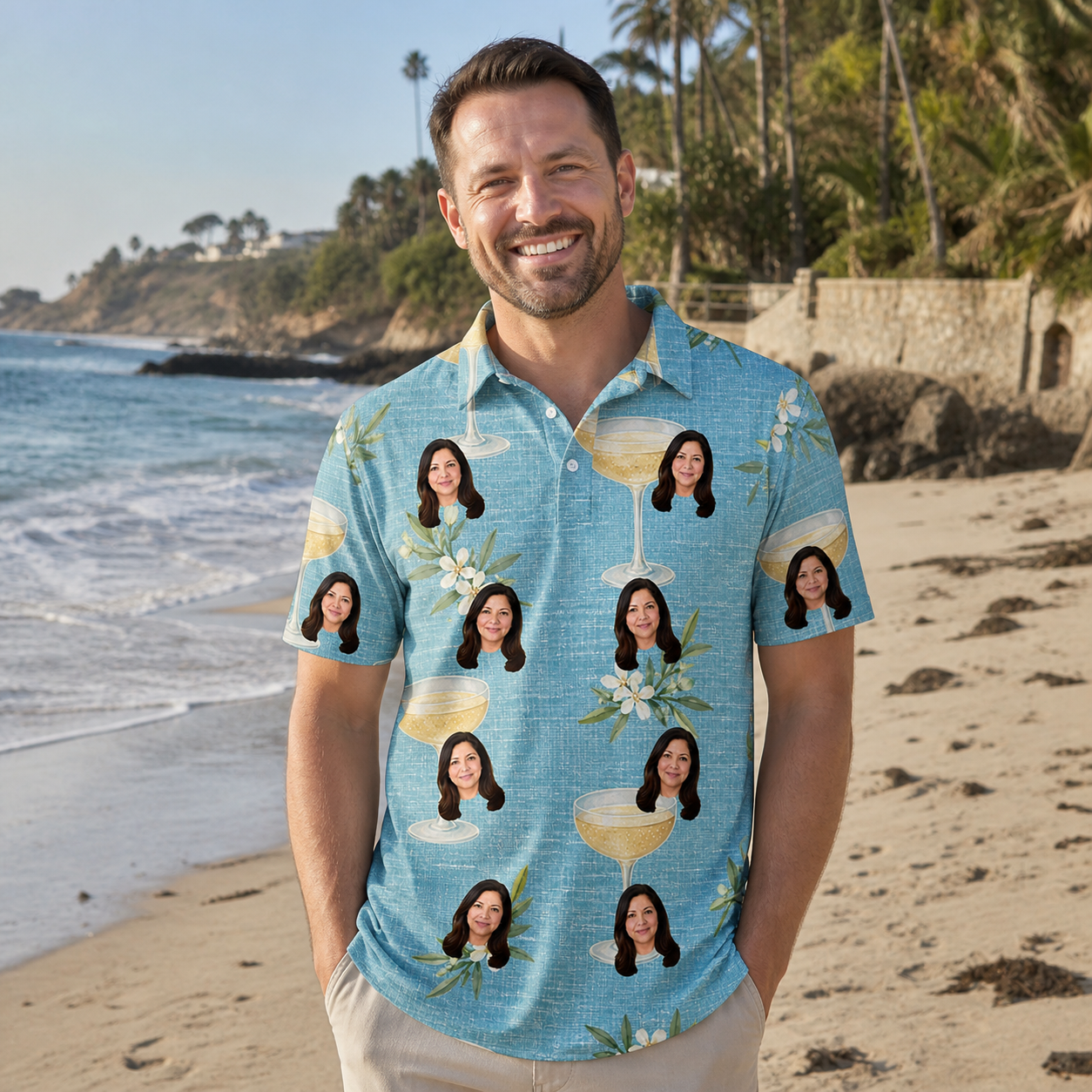 Real-life photo of someone wearing Men's Coupe Coup Custom Face Polo Shirt — custom faces printed all-over