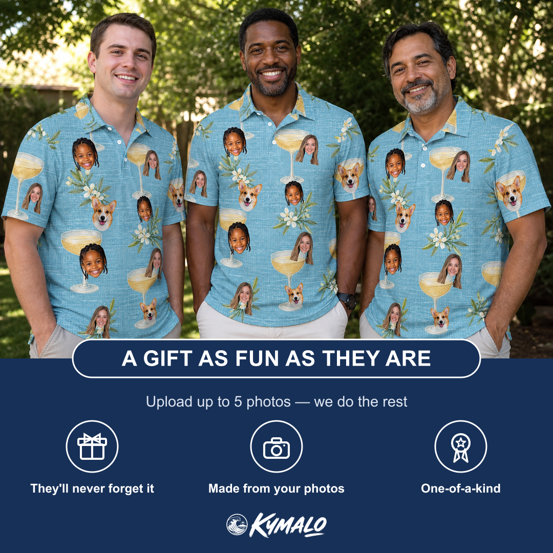 Friends in matching Men's Coupe Coup Custom Face Polo Shirt — a group gift photo