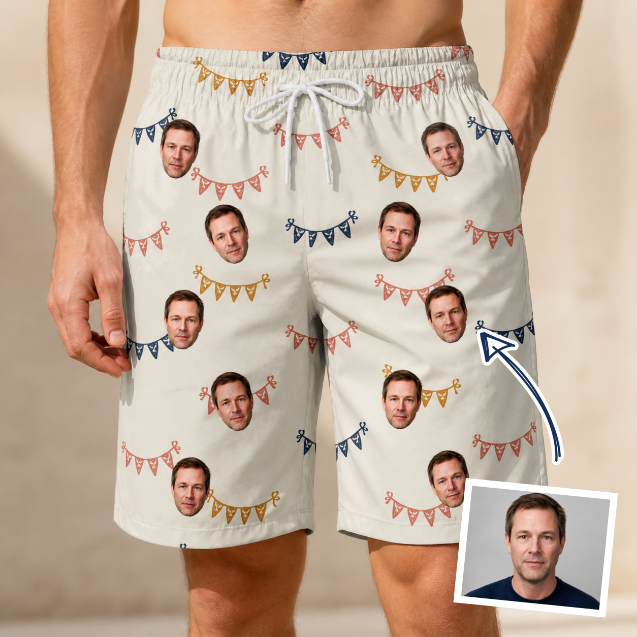Man wearing Men's Garland Giggles Custom Face Beach Shorts — custom faces printed all-over